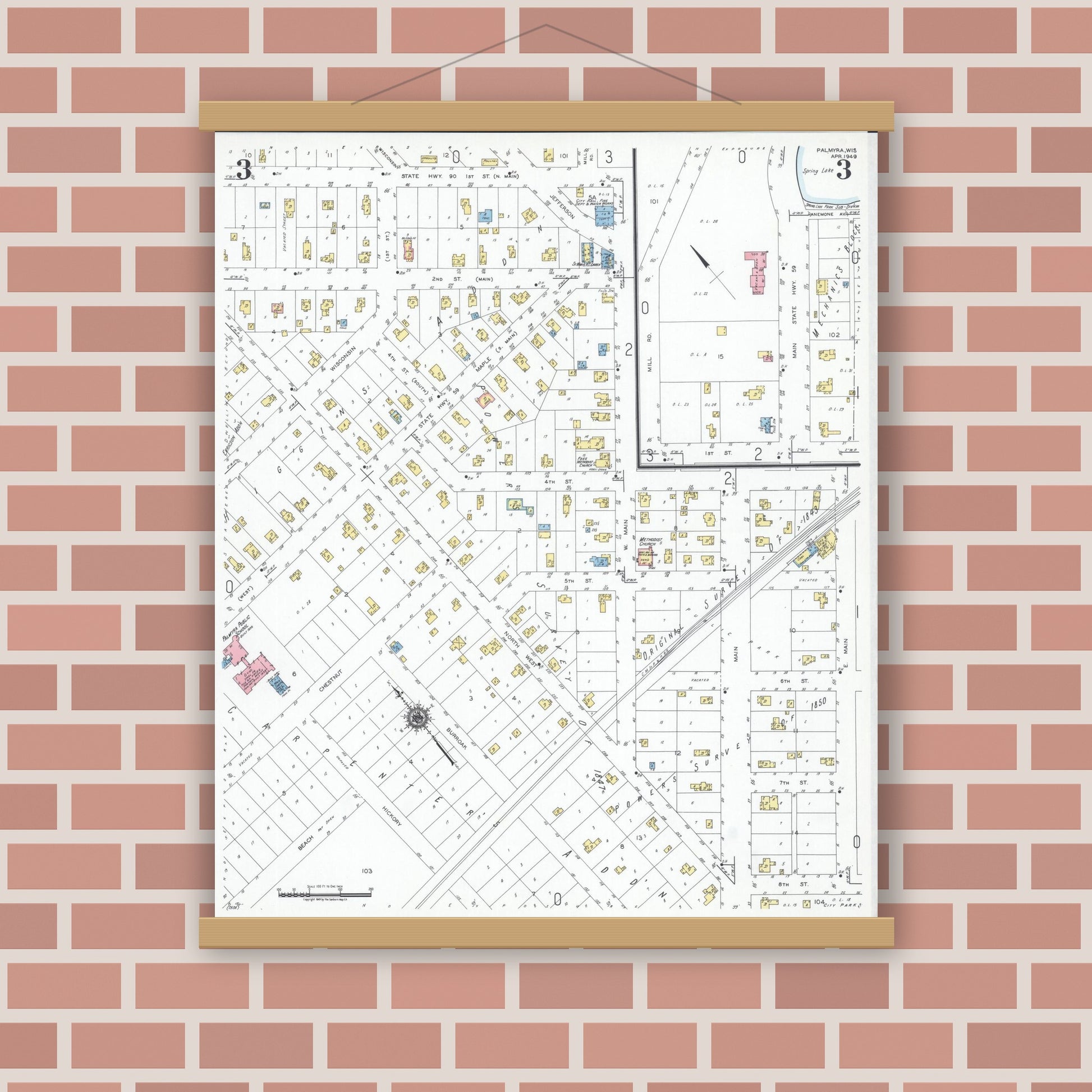 Old map wall art mockup — magnetic wood frame on brick wall — Sanborn Fire Insurance Map from Palmyra, Jefferson County, Wisconsin (1949), Sheet #0003