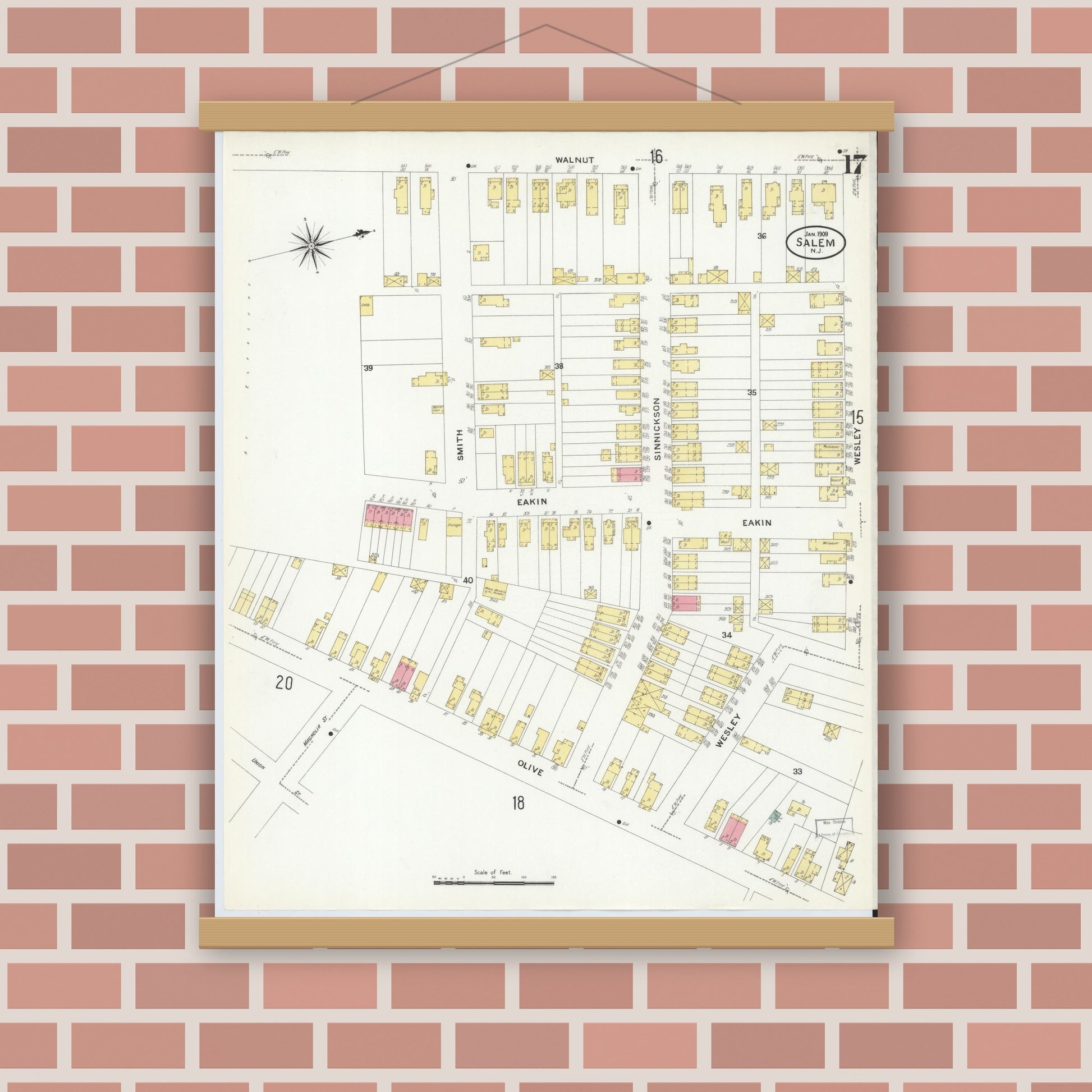 Old map wall art mockup — magnetic wood frame on brick wall — Sanborn Fire Insurance Map from Salem, Salem County, New Jersey (1909), Sheet #0017