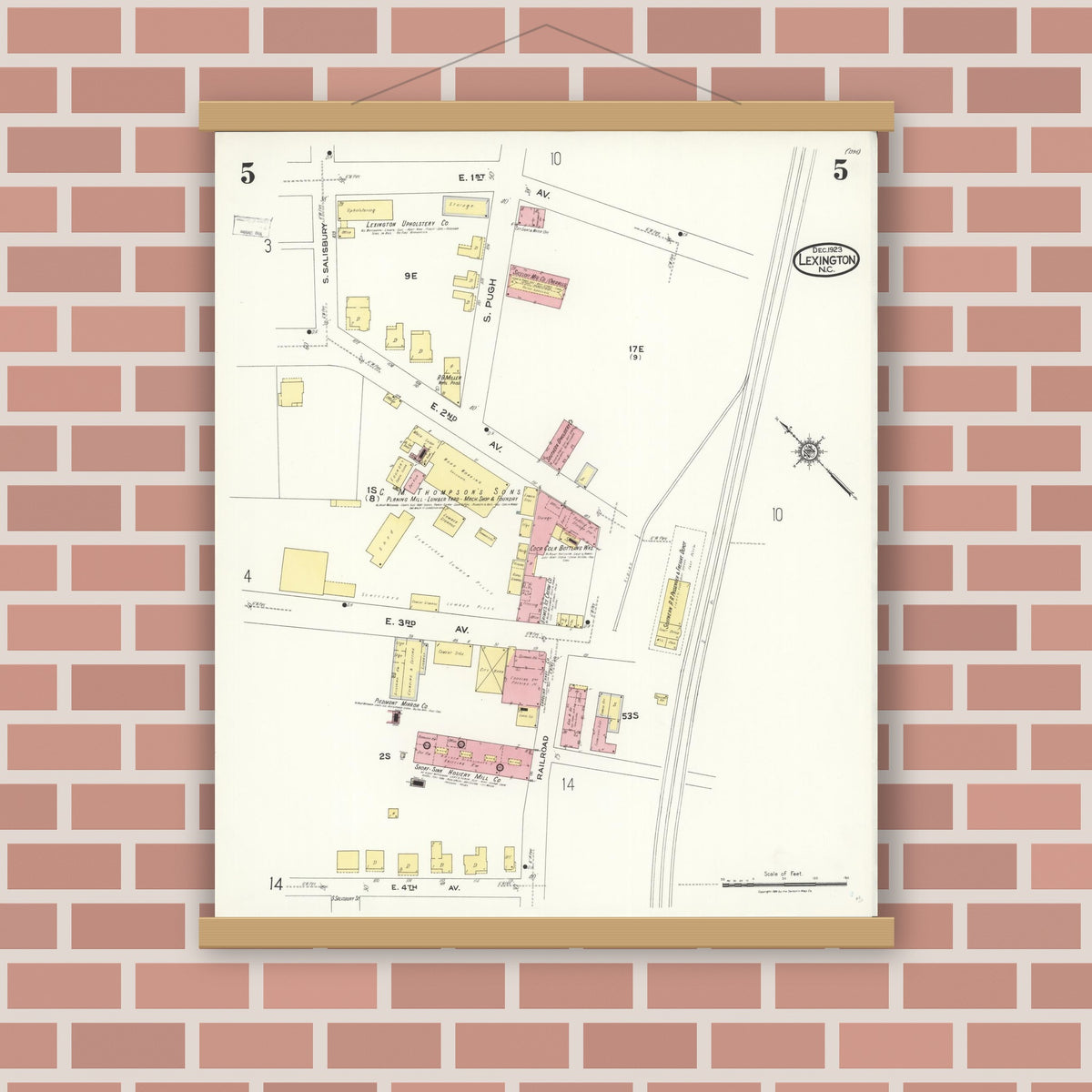 Old map wall art mockup — magnetic wood frame on brick wall — Sanborn Fire Insurance Map from Lexington, Davidson County, North Carolina (1923), Sheet #0005