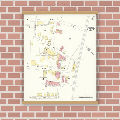Old map wall art mockup — magnetic wood frame on brick wall — Sanborn Fire Insurance Map from Lexington, Davidson County, North Carolina (1923), Sheet #0005