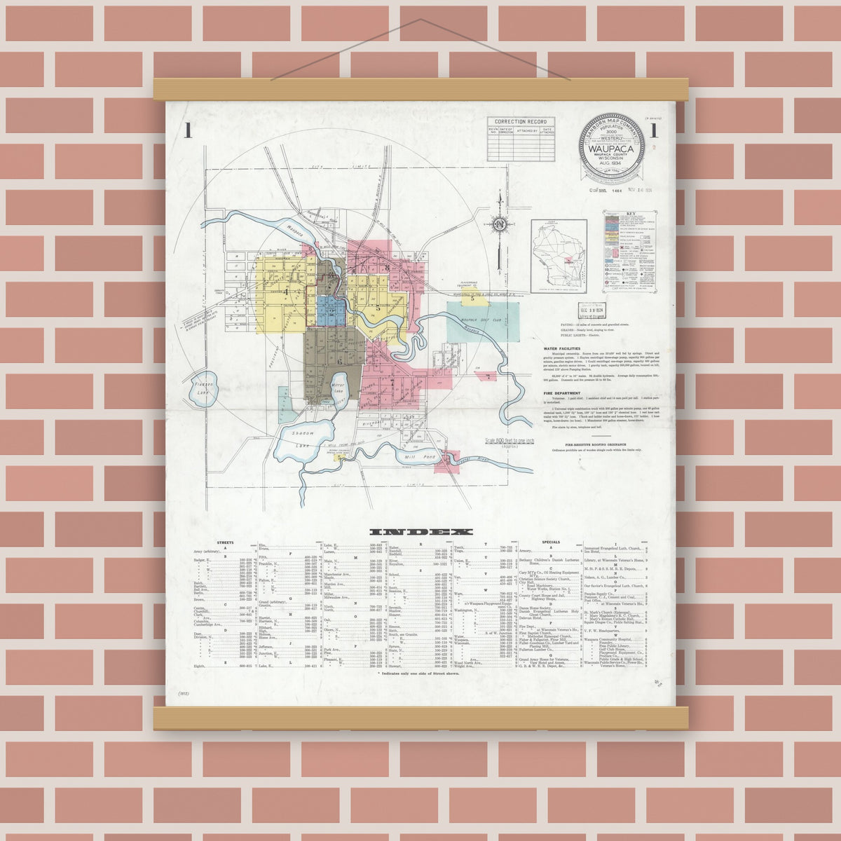 Old map wall art mockup — magnetic wood frame on brick wall — Sanborn Fire Insurance Map from Waupaca, Waupaca County, Wisconsin (1934) - Complete Map Set
