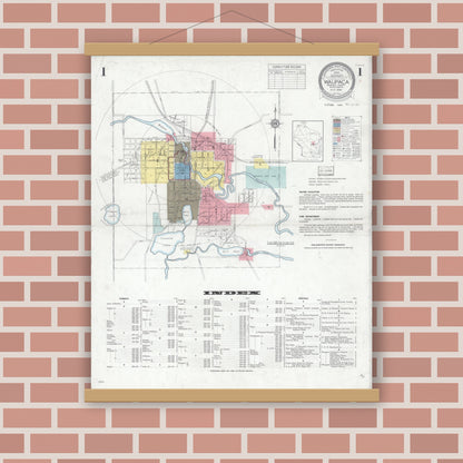 Old map wall art mockup — magnetic wood frame on brick wall — Sanborn Fire Insurance Map from Waupaca, Waupaca County, Wisconsin (1934) - Complete Map Set
