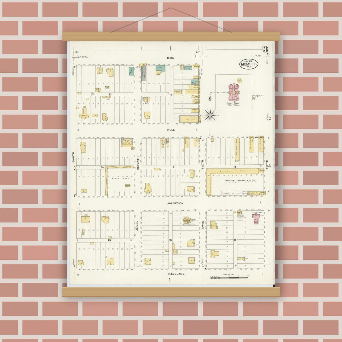 Old map wall art mockup — magnetic wood frame on brick wall — Sanborn Fire Insurance Map from Memphis, Hall County, Texas (1908), Sheet #0003