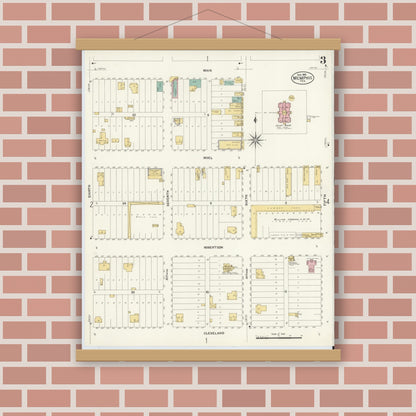 Old map wall art mockup — magnetic wood frame on brick wall — Sanborn Fire Insurance Map from Memphis, Hall County, Texas (1908), Sheet #0003