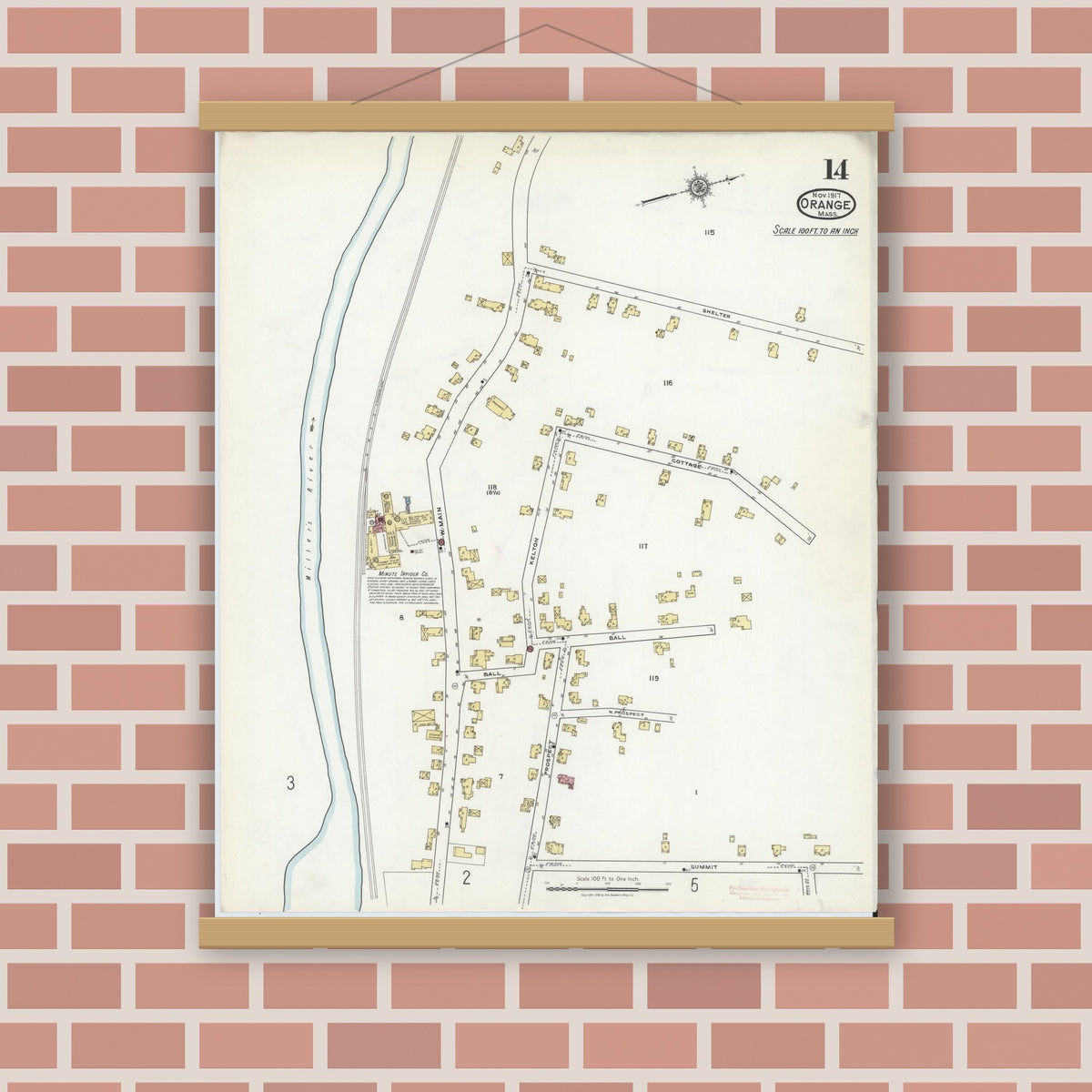 Old map wall art mockup — magnetic wood frame on brick wall — Sanborn Fire Insurance Map from Orange, Franklin County, Massachusetts (1917), Sheet #0014