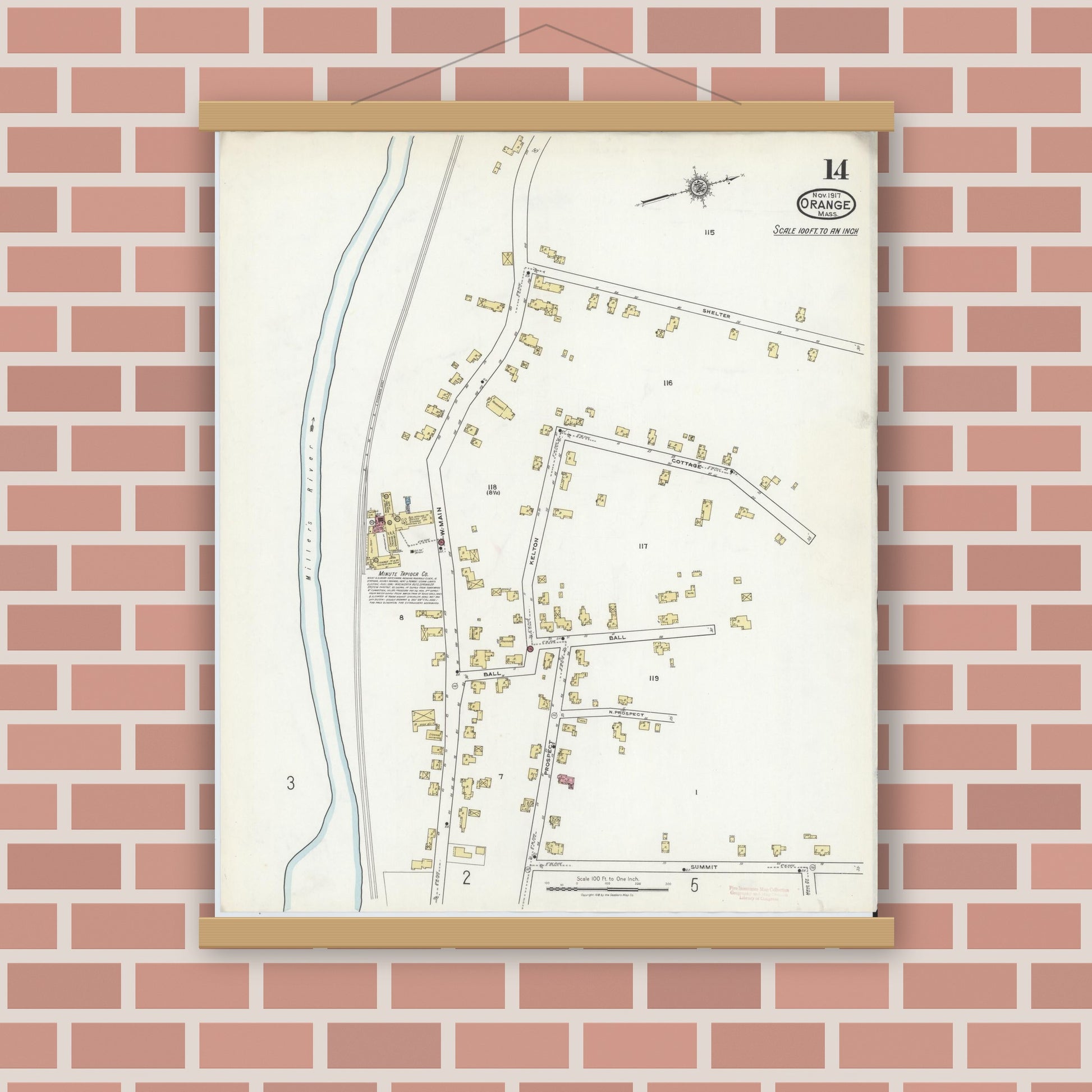 Old map wall art mockup — magnetic wood frame on brick wall — Sanborn Fire Insurance Map from Orange, Franklin County, Massachusetts (1917), Sheet #0014