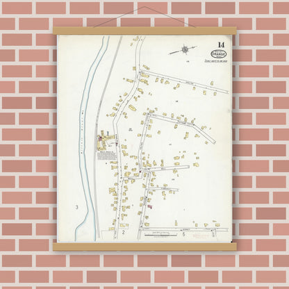 Old map wall art mockup — magnetic wood frame on brick wall — Sanborn Fire Insurance Map from Orange, Franklin County, Massachusetts (1917), Sheet #0014