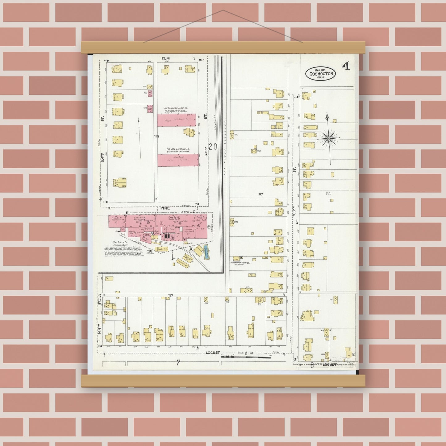 Old map wall art mockup — magnetic wood frame on brick wall — Sanborn Fire Insurance Map from Coshocton, Coshocton County, Ohio (1905), Sheet #0004