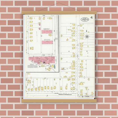 Old map wall art mockup — magnetic wood frame on brick wall — Sanborn Fire Insurance Map from Coshocton, Coshocton County, Ohio (1905), Sheet #0004