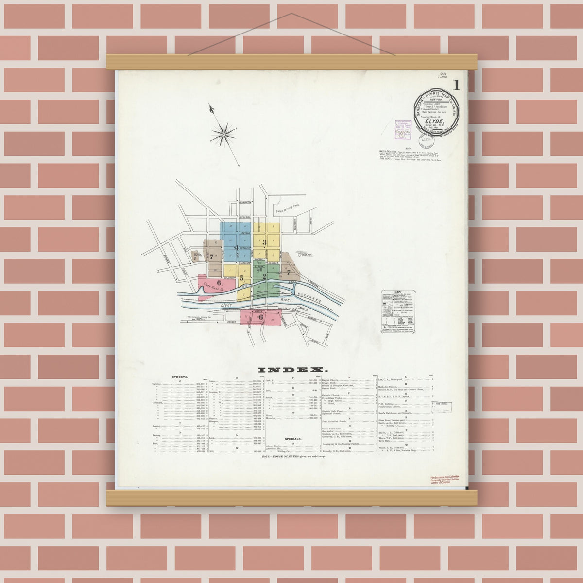 Old map wall art mockup — magnetic wood frame on brick wall — Sanborn Fire Insurance Map from Clyde, Wayne County, New York (1901), Sheet #0001