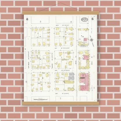 Old map wall art mockup — magnetic wood frame on brick wall — Sanborn Fire Insurance Map from Bryan, Brazos County, Texas (1925), Sheet #0006