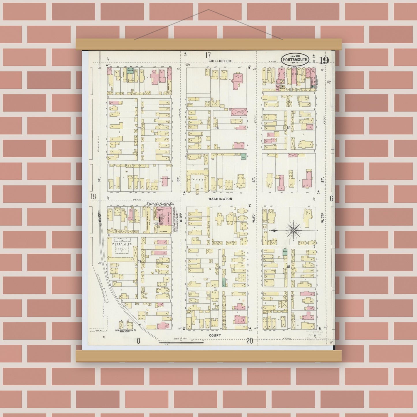 Old map wall art mockup — magnetic wood frame on brick wall — Sanborn Fire Insurance Map from Portsmouth, Scioto County, Ohio (1897), Sheet #0019
