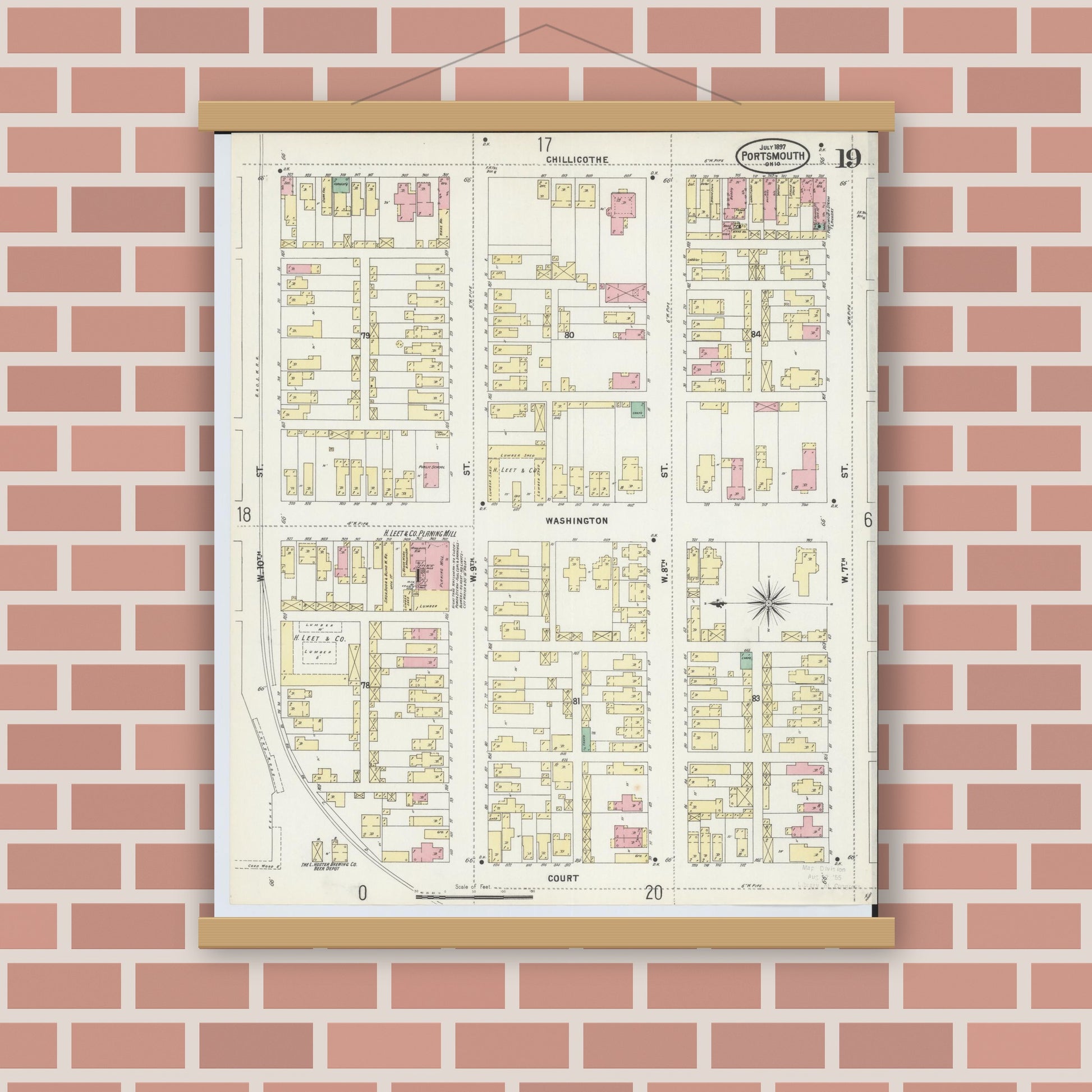 Old map wall art mockup — magnetic wood frame on brick wall — Sanborn Fire Insurance Map from Portsmouth, Scioto County, Ohio (1897), Sheet #0019