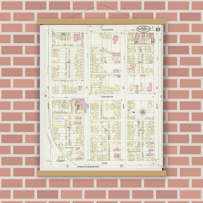Old map wall art mockup — magnetic wood frame on brick wall — Sanborn Fire Insurance Map from Portsmouth, Scioto County, Ohio (1897), Sheet #0019