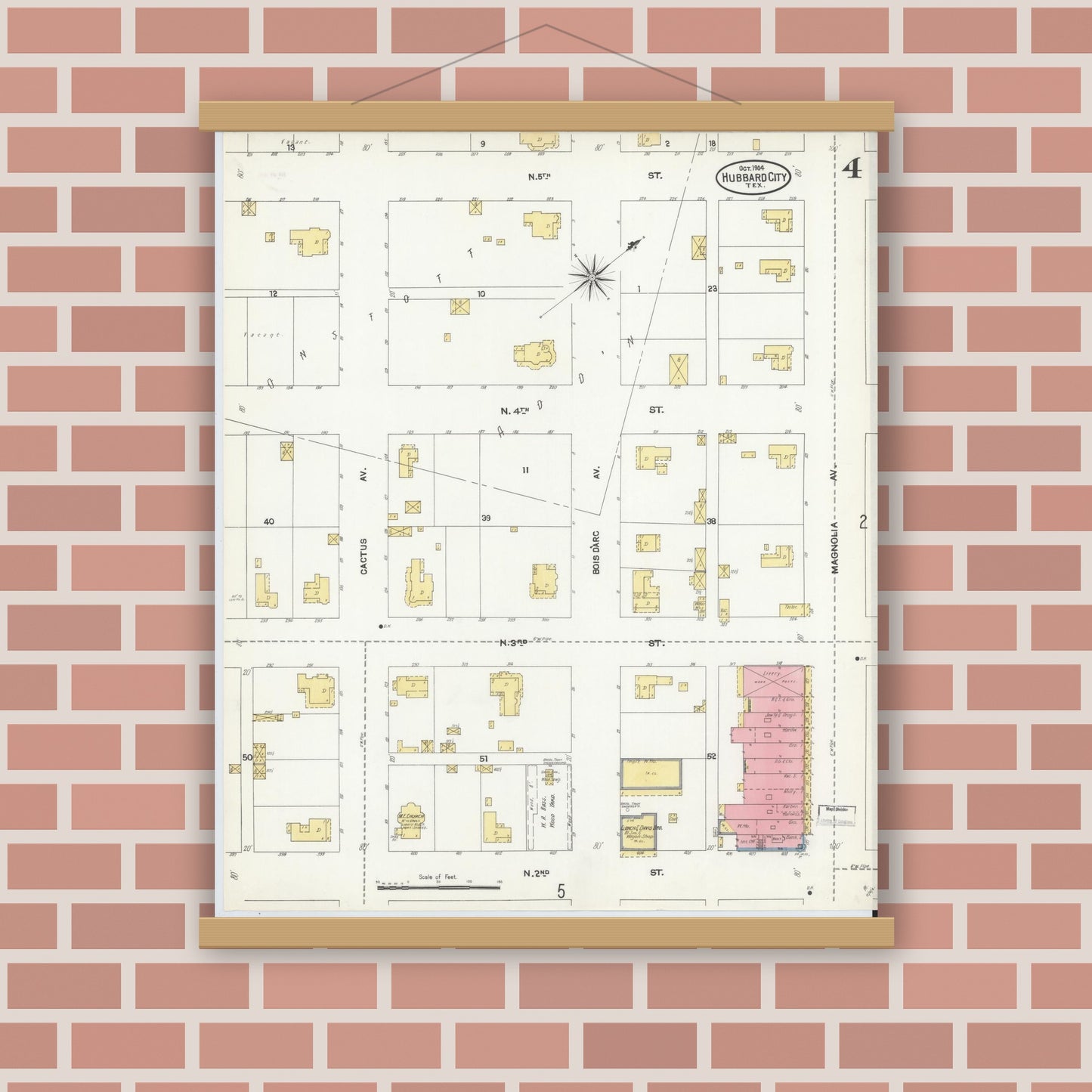 Old map wall art mockup — magnetic wood frame on brick wall — Sanborn Fire Insurance Map from Hubbard, Hill County, Texas (1904), Sheet #0004