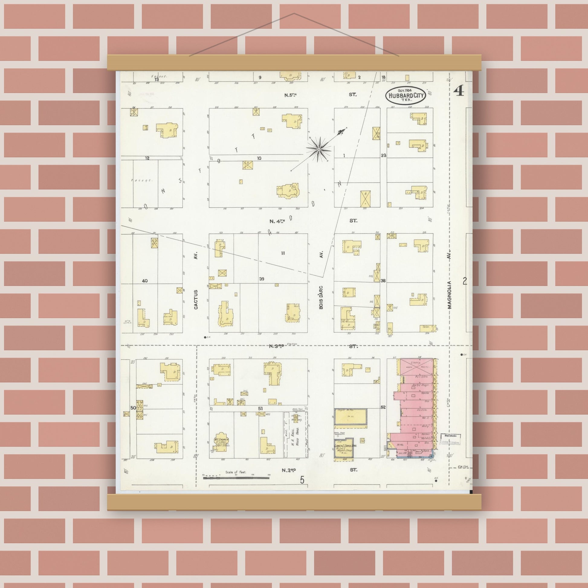 Old map wall art mockup — magnetic wood frame on brick wall — Sanborn Fire Insurance Map from Hubbard, Hill County, Texas (1904), Sheet #0004