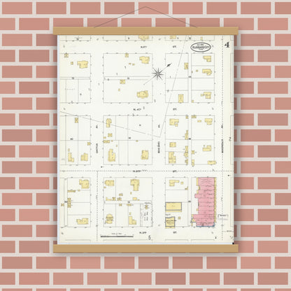 Old map wall art mockup — magnetic wood frame on brick wall — Sanborn Fire Insurance Map from Hubbard, Hill County, Texas (1904), Sheet #0004