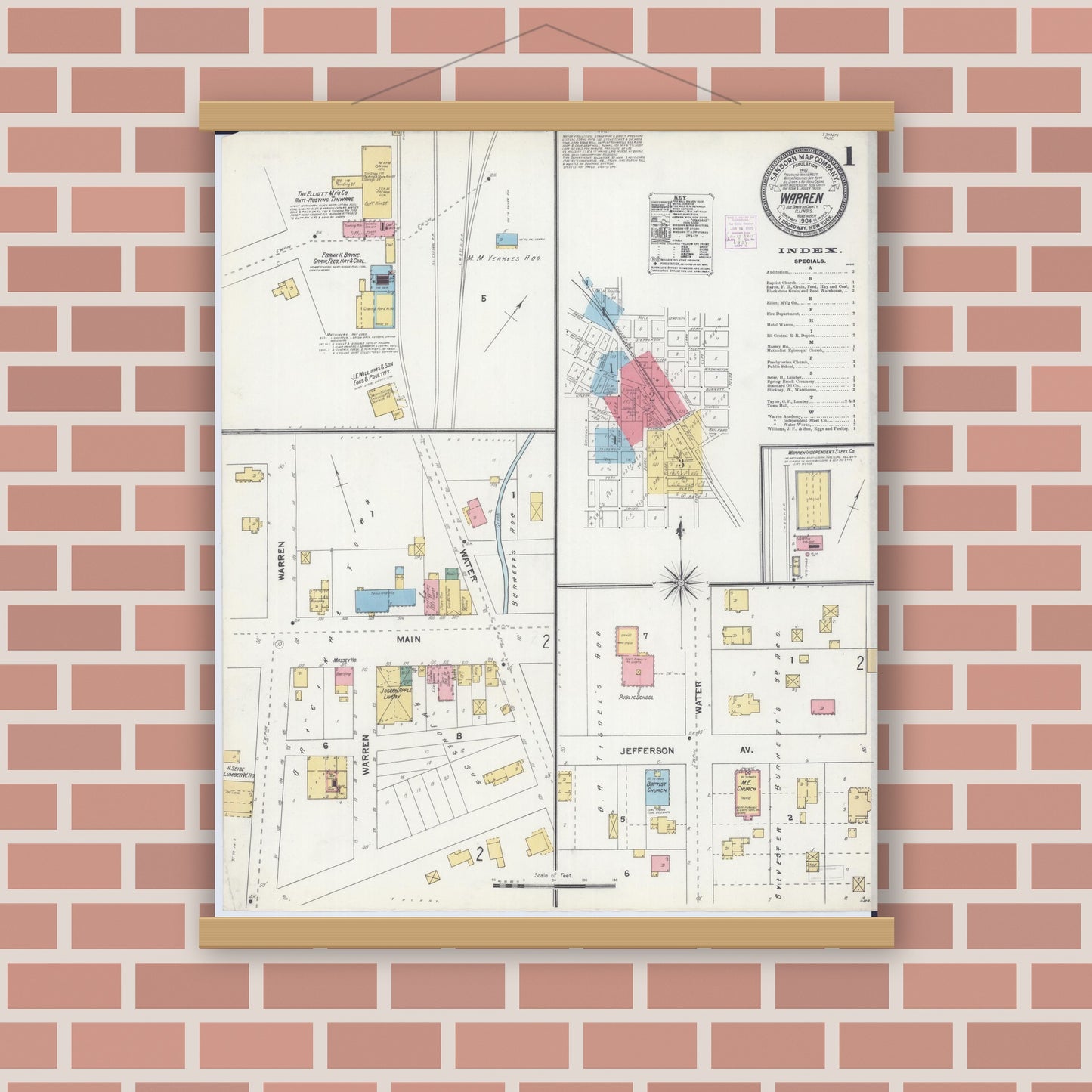 Old map wall art mockup — magnetic wood frame on brick wall — Sanborn Fire Insurance Map from Warren, Jo Daviess County, Illinois (1904) - Complete Map Set