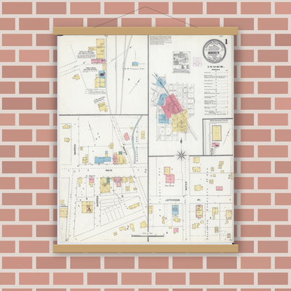 Old map wall art mockup — magnetic wood frame on brick wall — Sanborn Fire Insurance Map from Warren, Jo Daviess County, Illinois (1904) - Complete Map Set
