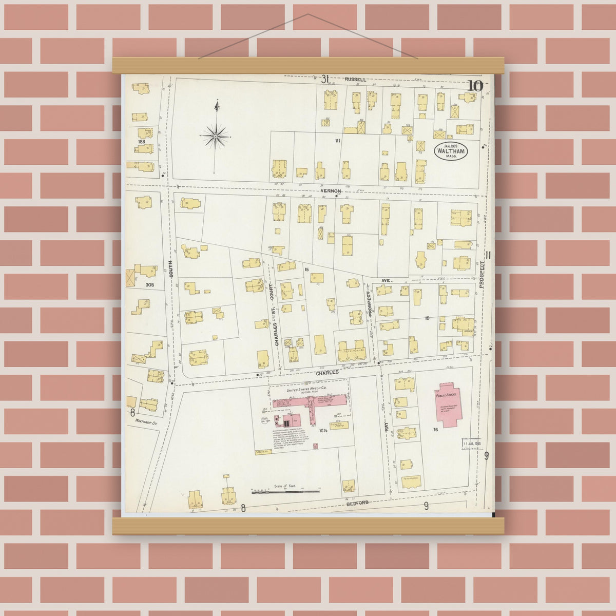 Old map wall art mockup — magnetic wood frame on brick wall — Sanborn Fire Insurance Map from Waltham, Middlesex County, Massachusetts (1903), Sheet #0010