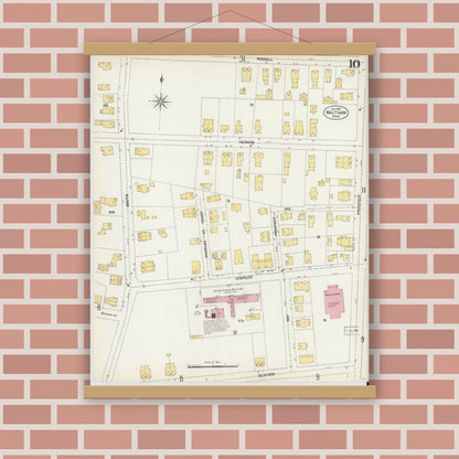Old map wall art mockup — magnetic wood frame on brick wall — Sanborn Fire Insurance Map from Waltham, Middlesex County, Massachusetts (1903), Sheet #0010