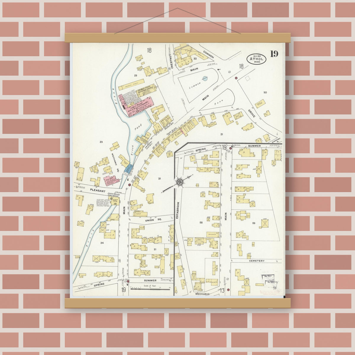 Old map wall art mockup — magnetic wood frame on brick wall — Sanborn Fire Insurance Map from Athol, Worcester County, Massachusetts (1911), Sheet #0019