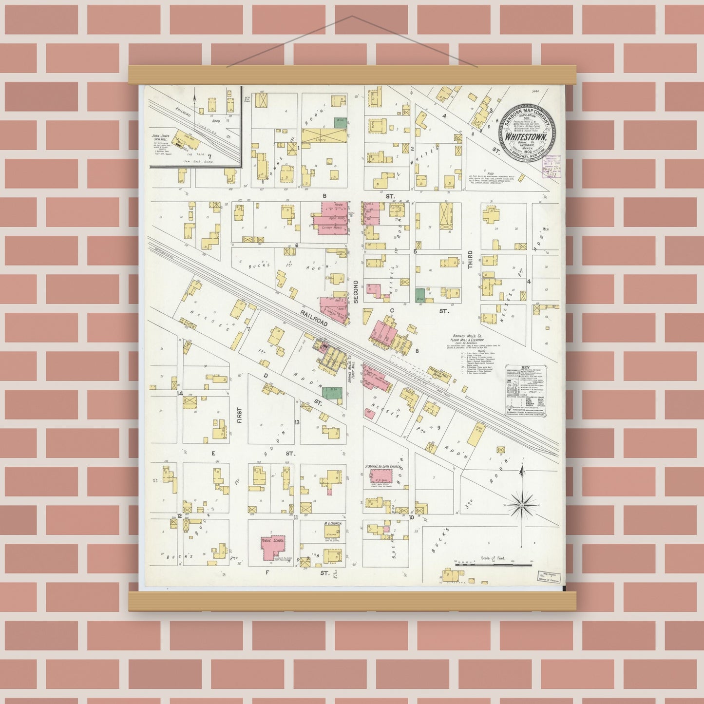 Old map wall art mockup — magnetic wood frame on brick wall — Sanborn Fire Insurance Map from Whitestown, Boone County, Indiana (1902), Sheet #0001