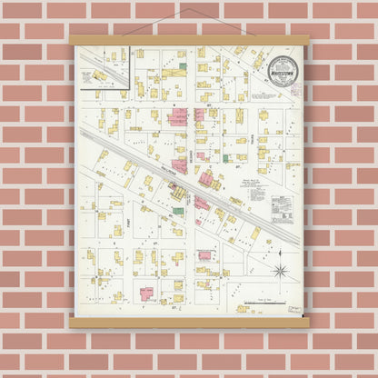 Old map wall art mockup — magnetic wood frame on brick wall — Sanborn Fire Insurance Map from Whitestown, Boone County, Indiana (1902), Sheet #0001
