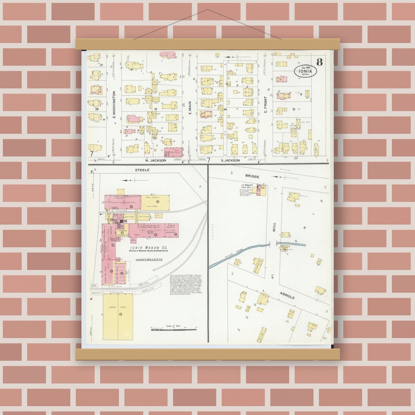 Old map wall art mockup — magnetic wood frame on brick wall — Sanborn Fire Insurance Map from Ionia, Ionia County, Michigan (1907), Sheet #0008