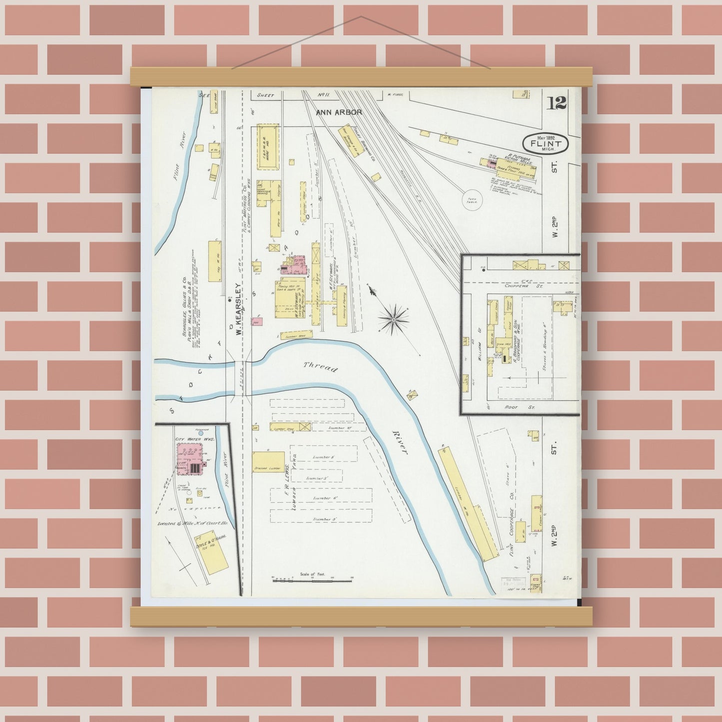 Old map wall art mockup — magnetic wood frame on brick wall — Sanborn Fire Insurance Map from Flint, Genesee County, Michigan (1892), Sheet #0012