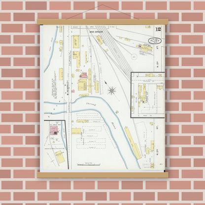 Old map wall art mockup — magnetic wood frame on brick wall — Sanborn Fire Insurance Map from Flint, Genesee County, Michigan (1892), Sheet #0012