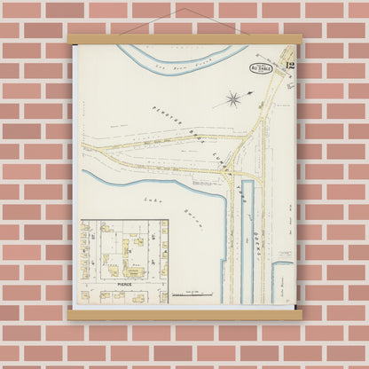 Old map wall art mockup — magnetic wood frame on brick wall — Sanborn Fire Insurance Map from Oscoda, Iosco County, Michigan (1890), Sheet #0012