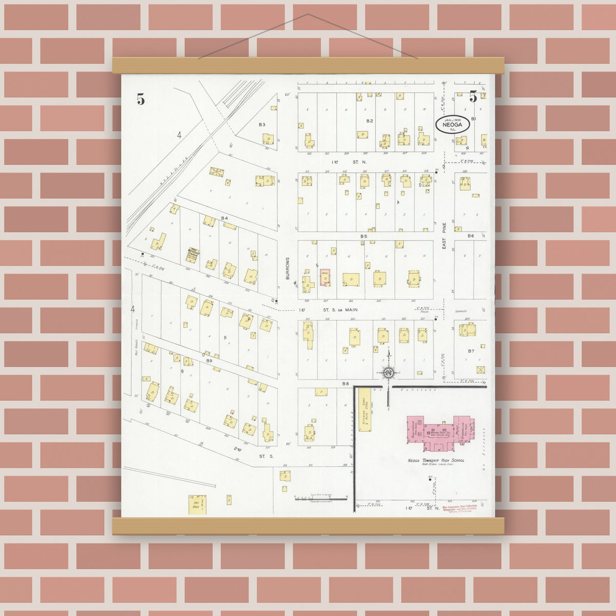 Old map wall art mockup — magnetic wood frame on brick wall — Sanborn Fire Insurance Map from Neoga, Cumberland County, Illinois (1930), Sheet #0005