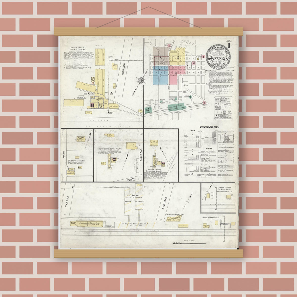 Old map wall art mockup — magnetic wood frame on brick wall — Sanborn Fire Insurance Map from Hallettsville, Lavaca County, Texas (1912) - Complete Map Set