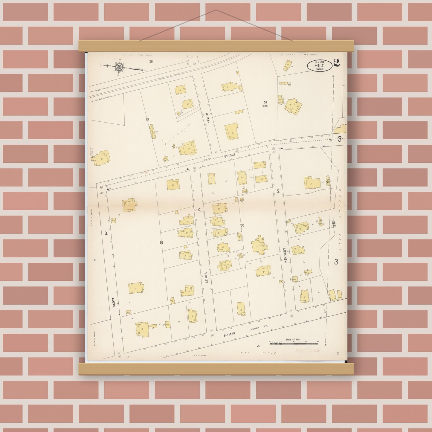 Old map wall art mockup — magnetic wood frame on brick wall — Sanborn Fire Insurance Map from Hilo, Hawaii County, Hawaii (1914), Sheet #0002