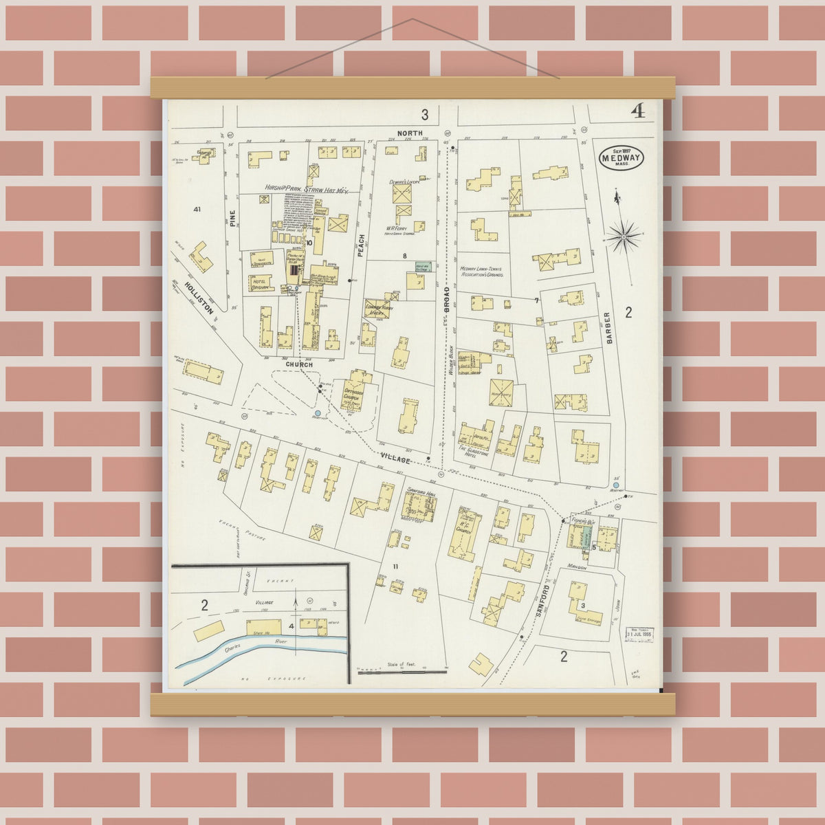 Old map wall art mockup — magnetic wood frame on brick wall — Sanborn Fire Insurance Map from Medway, Norfolk County, Massachusetts (1897), Sheet #0004