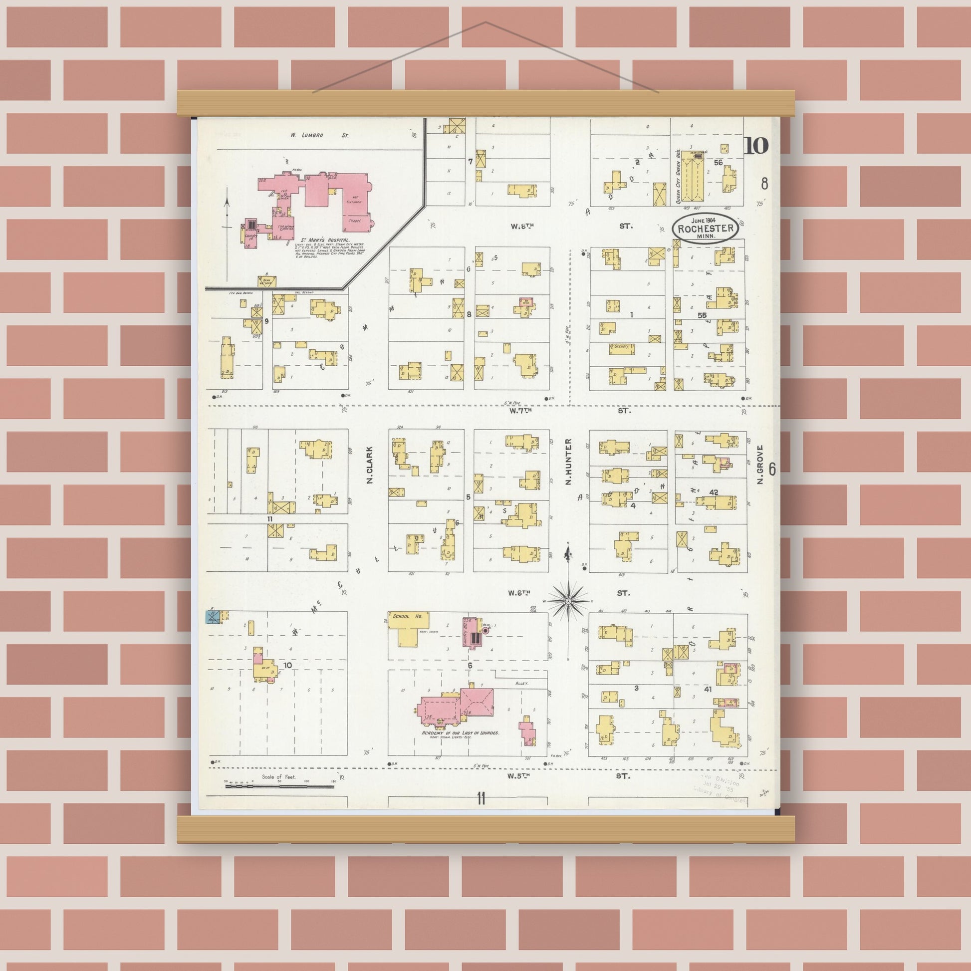 Old map wall art mockup — magnetic wood frame on brick wall — Sanborn Fire Insurance Map from Rochester, Olmsted County, Minnesota (1904), Sheet #0010