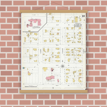 Old map wall art mockup — magnetic wood frame on brick wall — Sanborn Fire Insurance Map from Rochester, Olmsted County, Minnesota (1904), Sheet #0010