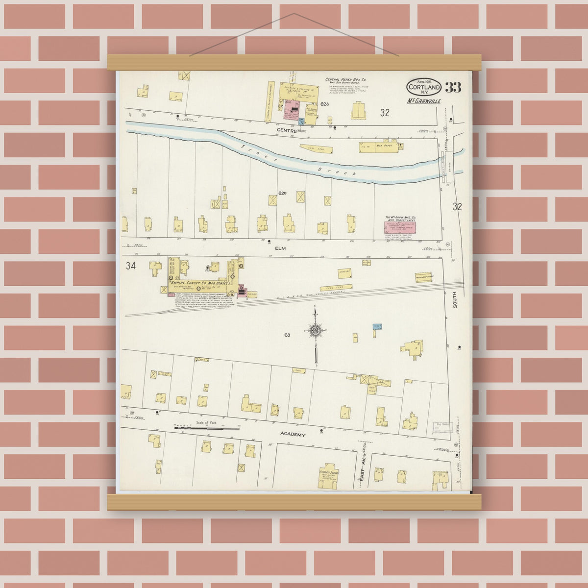 Old map wall art mockup — magnetic wood frame on brick wall — Sanborn Fire Insurance Map from Cortland, Cortland County, New York (1915), Sheet #0033