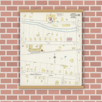 Old map wall art mockup — magnetic wood frame on brick wall — Sanborn Fire Insurance Map from Cortland, Cortland County, New York (1915), Sheet #0033