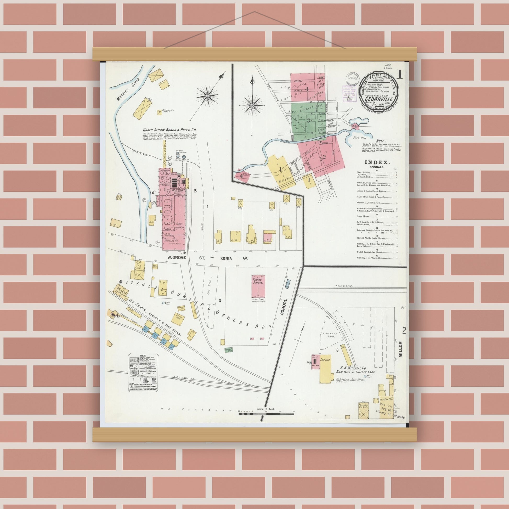 Old map wall art mockup — magnetic wood frame on brick wall — Sanborn Fire Insurance Map from Cedarville, Greene County, Ohio (1901) - Complete Map Set