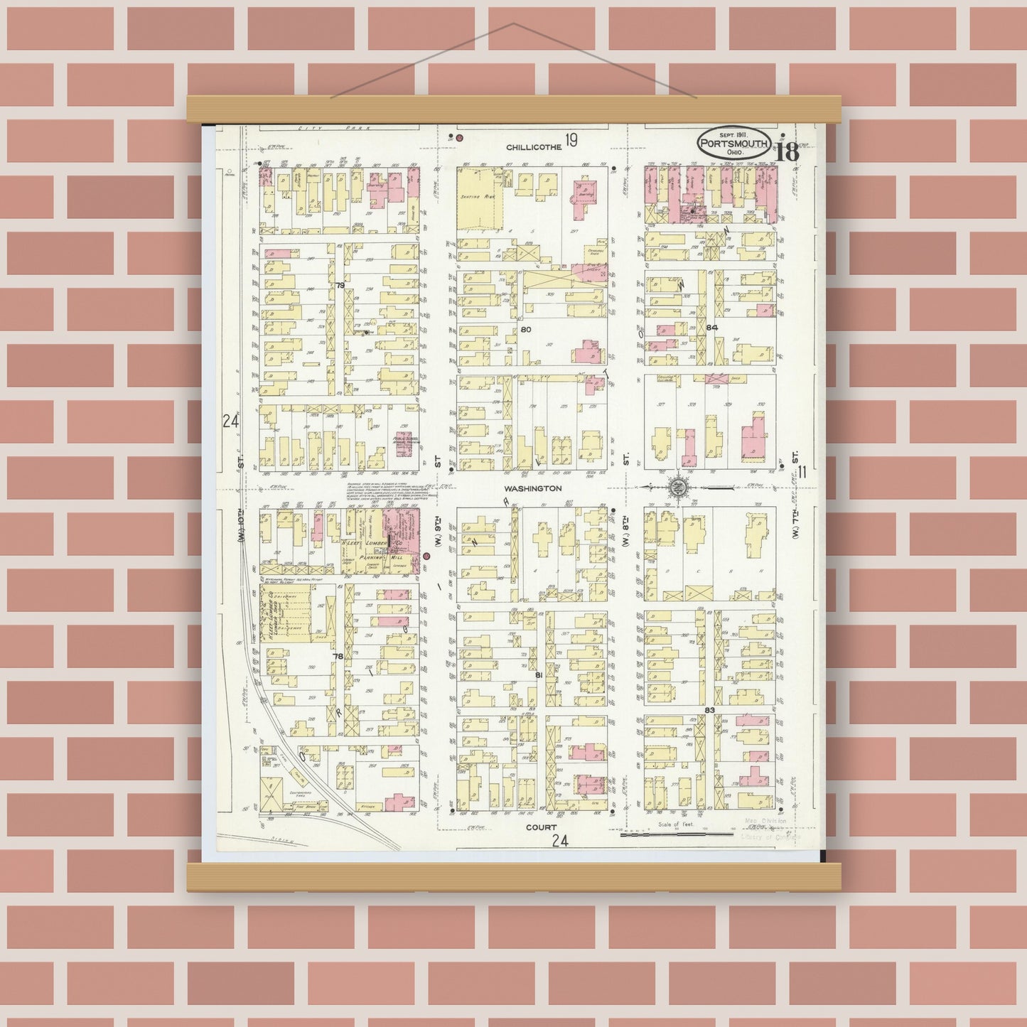 Old map wall art mockup — magnetic wood frame on brick wall — Sanborn Fire Insurance Map from Portsmouth, Scioto County, Ohio (1911), Sheet #0018