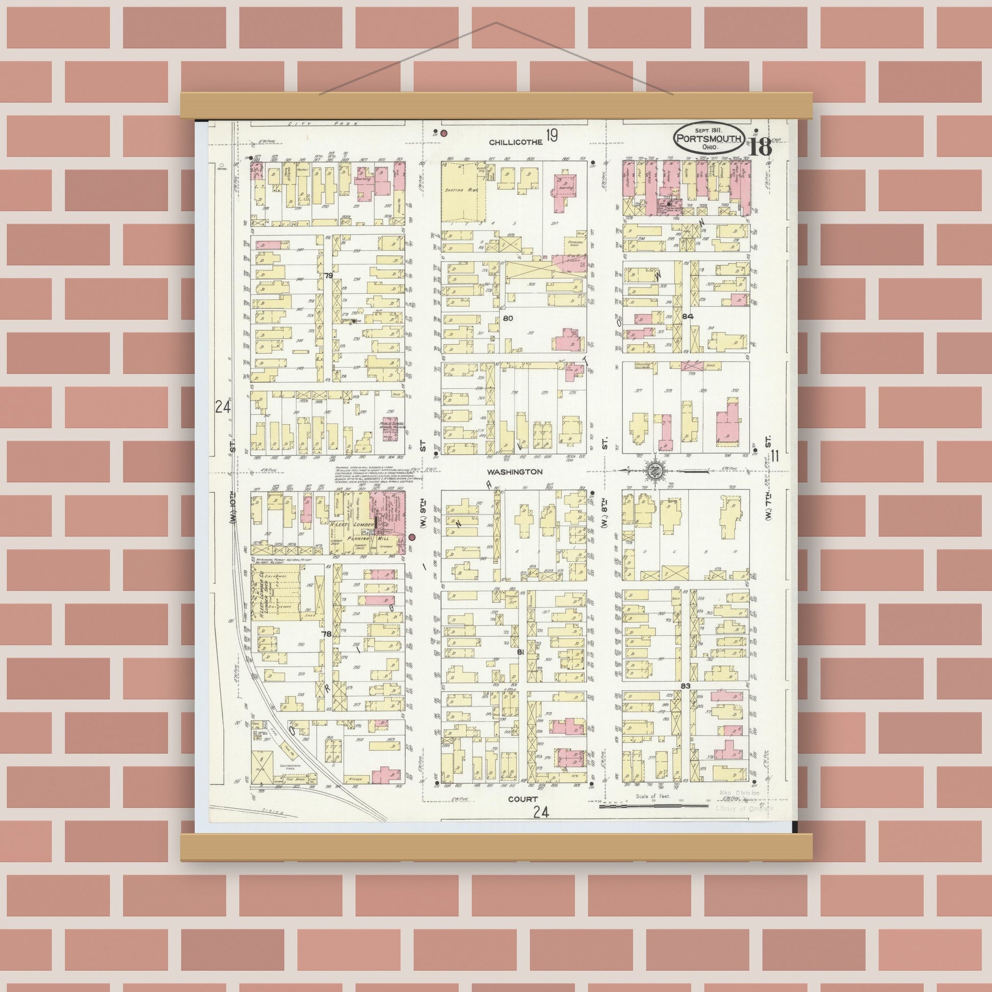 Old map wall art mockup — magnetic wood frame on brick wall — Sanborn Fire Insurance Map from Portsmouth, Scioto County, Ohio (1911), Sheet #0018