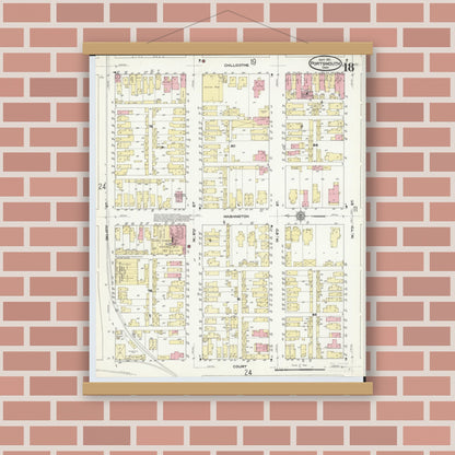 Old map wall art mockup — magnetic wood frame on brick wall — Sanborn Fire Insurance Map from Portsmouth, Scioto County, Ohio (1911), Sheet #0018