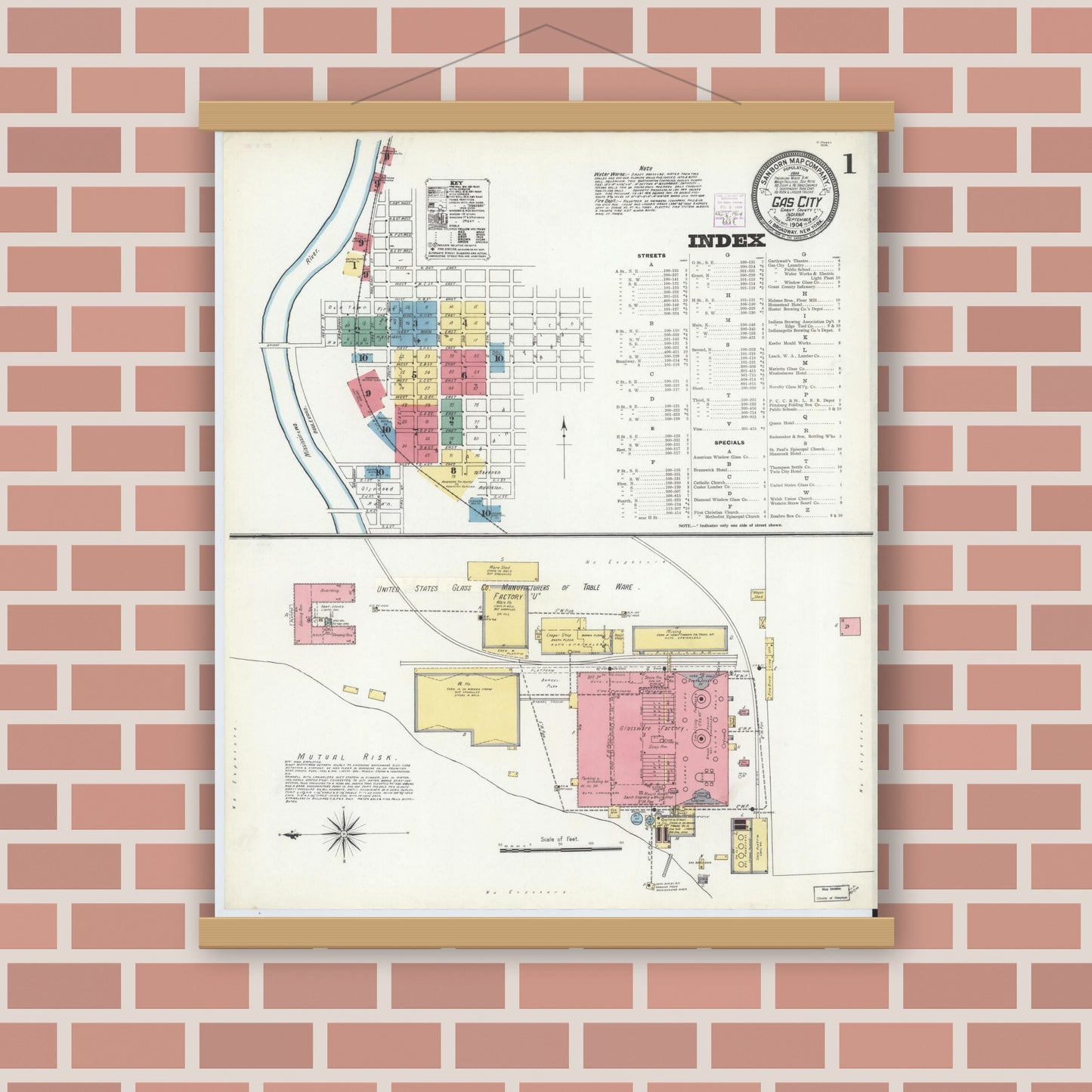 Old map wall art mockup — magnetic wood frame on brick wall — Sanborn Fire Insurance Map from Gas City, Grant County, Indiana (1904) - Complete Map Set