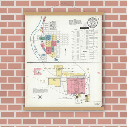 Old map wall art mockup — magnetic wood frame on brick wall — Sanborn Fire Insurance Map from Gas City, Grant County, Indiana (1904) - Complete Map Set