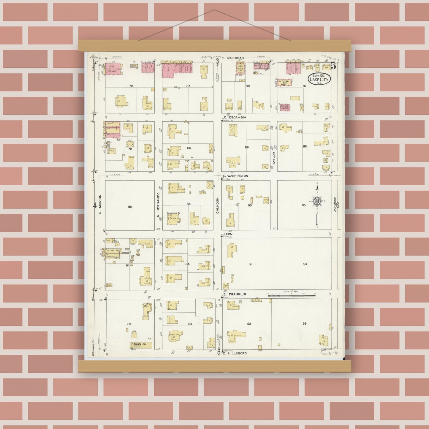 Old map wall art mockup — magnetic wood frame on brick wall — Sanborn Fire Insurance Map from Lake City, Columbia County, Florida (1912), Sheet #0005