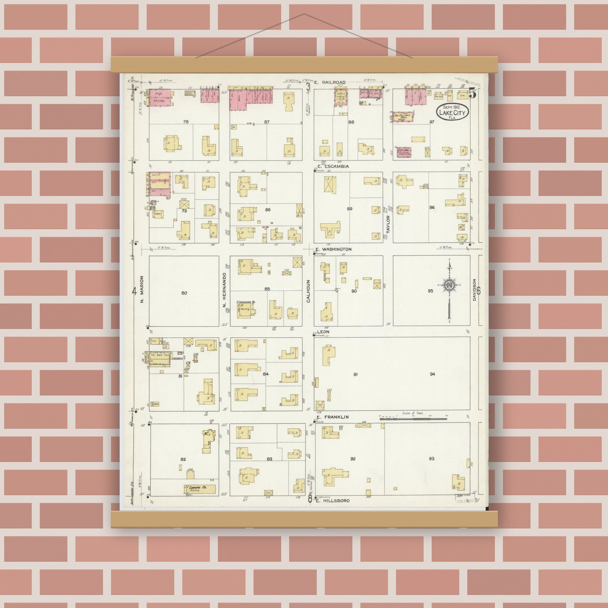 Old map wall art mockup — magnetic wood frame on brick wall — Sanborn Fire Insurance Map from Lake City, Columbia County, Florida (1912), Sheet #0005