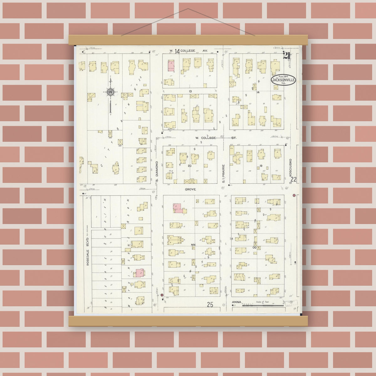 Old map wall art mockup — magnetic wood frame on brick wall — Sanborn Fire Insurance Map from Jacksonville, Morgan County, Illinois (1914), Sheet #0021