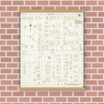 Old map wall art mockup — magnetic wood frame on brick wall — Sanborn Fire Insurance Map from Jacksonville, Morgan County, Illinois (1914), Sheet #0021